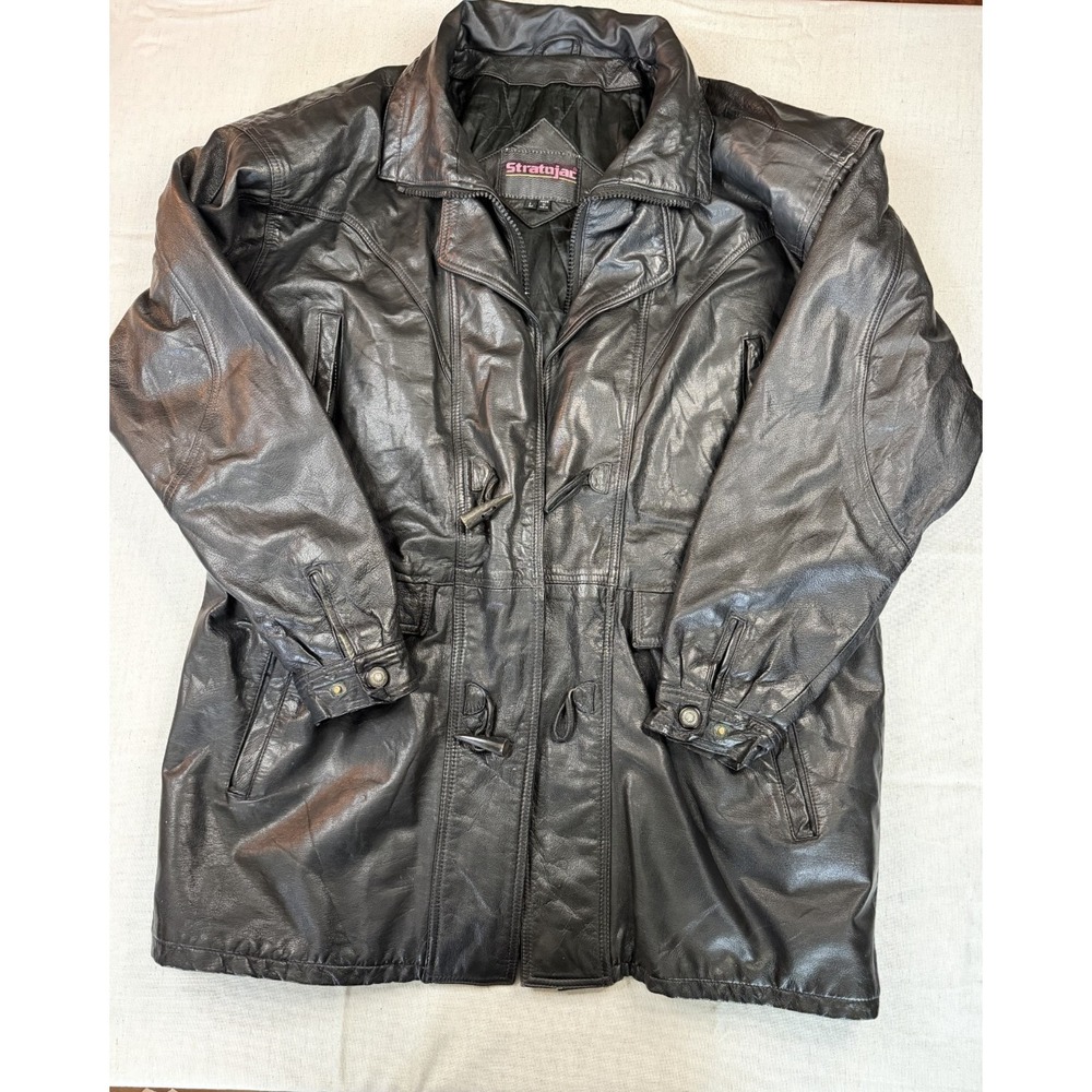 Stratojac Mens Black Leather Bomber Jacket Vintage Biker Moto Heavy Full Zip L
